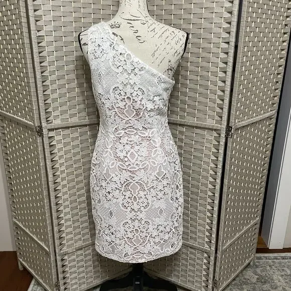 Calvin Klein IVY One Shoulder Sheath Dress Size 6 White Floral Lace Lined NEW - Picture 5 of 12